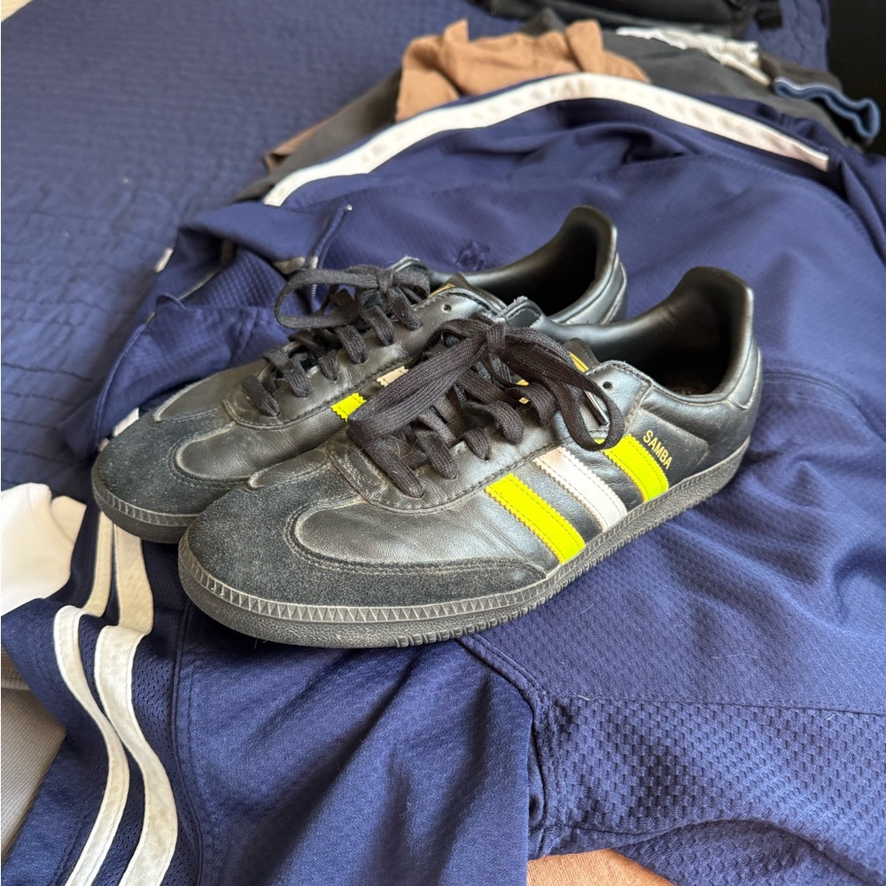 adidas Samba Black Leather Sneakers with neon green & White Stripes